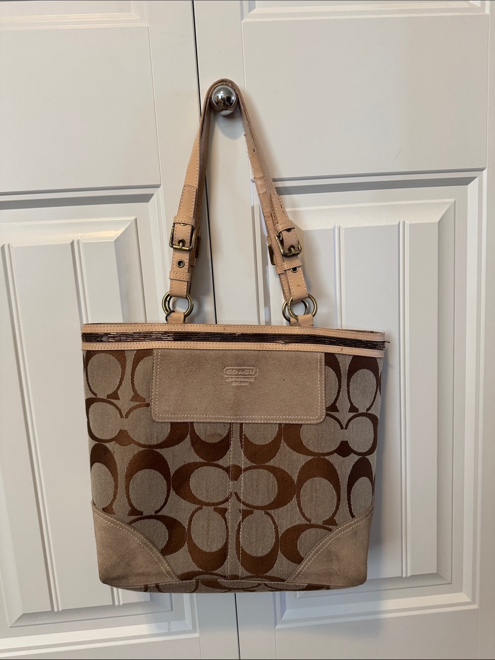 Coach Signature Canvas Brown Tote with Neutral Leather Trim and beading